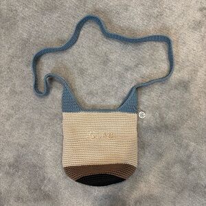 The Sak Hand Crocheted crossbody bucket back purse embroidered name Rose